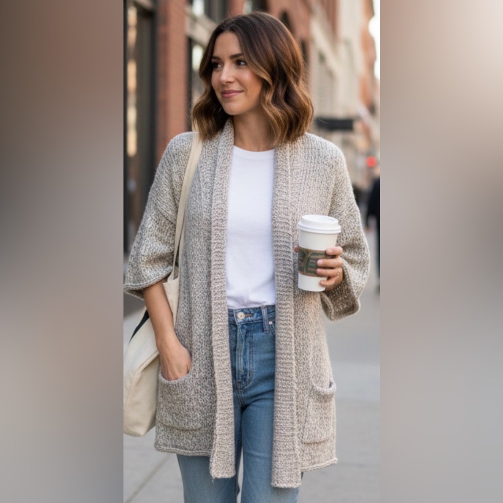Easel Cardigan Womens‎ S Open Ombré Long Boho Slouchy Boyfriend Neutral Eyelash